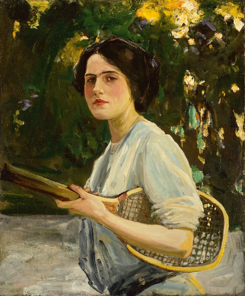 Ritratto di Eileen Lavery con in mano una racchetta da tennis